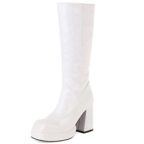 MJIASIAWA Damen Chunky Heel Winter Lack Mode Plateau Riding Hohe Stiefel Reißverschluss Hohen Blockabsatz Kleid Prom Warm Boots Weiß Gr 37 EU/38 Asiatisch von MJIASIAWA