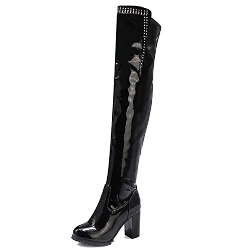 MJIASIAWA Damen Chunky Heel Winter Mode Thigh Lack Warm Boots Overknees Party Prom Prom Kleid Reißverschluss Reitstiefel Schwarz Gr 47 EU/49 Asiatisch von MJIASIAWA