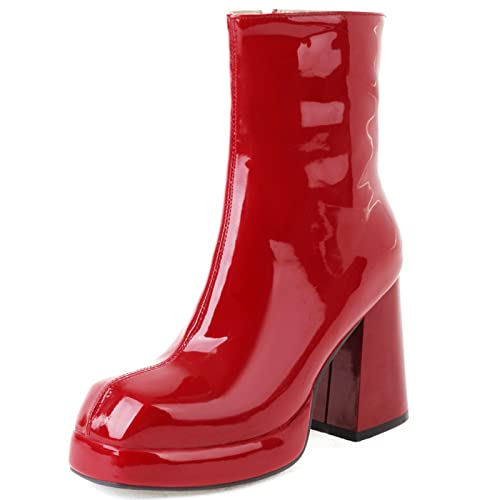 MJIASIAWA Damen Chunky Heel Winter Party Prom Mode Plateau Lack Stiefeletten Abend Kleid Winter Warm Chelsea Stiefeletten Rot Gr 39 EU/40 Asiatisch von MJIASIAWA