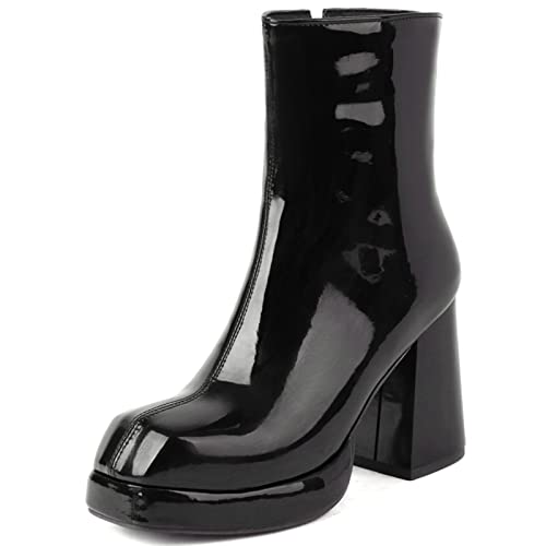 MJIASIAWA Damen Chunky Heel Winter Party Prom Mode Plateau Lack Stiefeletten Abend Kleid Winter Warm Chelsea Stiefeletten Schwarz Gr 44 EU/46 Asiatisch von MJIASIAWA