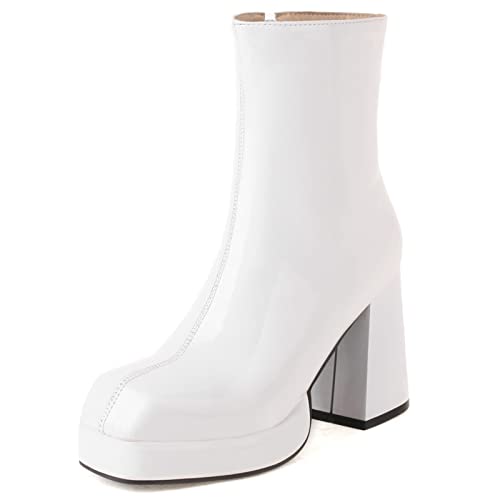 MJIASIAWA Damen Chunky Heel Winter Party Prom Mode Plateau Lack Stiefeletten Abend Kleid Winter Warm Chelsea Stiefeletten Weiß Gr 37 EU/38 Asiatisch von MJIASIAWA