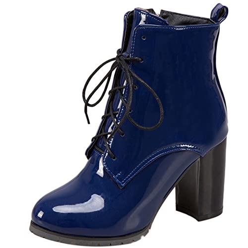 MJIASIAWA Damen Chunky Heel Winter Schnüren Chelsea Biker Lack Stiefeletten Hohen Blockabsatz Warm Riding Party Boots Blau Gr 39 EU/40 Asiatisch von MJIASIAWA