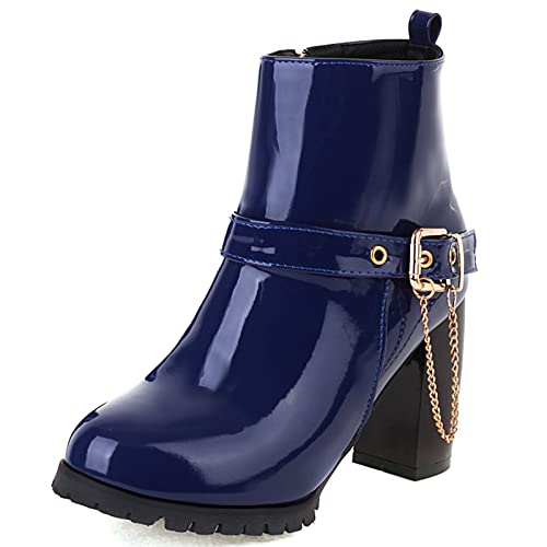 MJIASIAWA Damen Chunky Heel Winter Schnüren Chelsea Biker Lack Stiefeletten Hohen Blockabsatz Warm Riding Party Boots Blau Gr 48 EU/50 Asiatisch von MJIASIAWA
