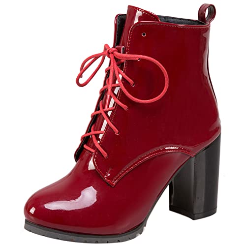 MJIASIAWA Damen Chunky Heel Winter Schnüren Chelsea Biker Lack Stiefeletten Hohen Blockabsatz Warm Riding Party Boots Rotwein Gr 40 EU/41 Asiatisch von MJIASIAWA