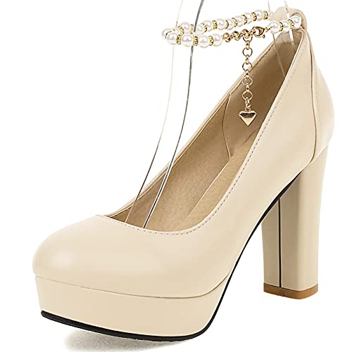 MJIASIAWA Damen Closed Toe Beaded Knöchelriemchen Hochzeit Höhe Ferse Pumps Abend Kleid Plateau Block Chunky Heel Pumps Aprikose Gr 36.5 EU/37 Asiatisch von MJIASIAWA