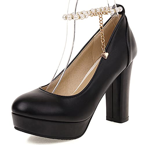 MJIASIAWA Damen Closed Toe Beaded Knöchelriemchen Hochzeit Höhe Ferse Pumps Abend Kleid Plateau Block Chunky Heel Pumps Schwarz Gr 42 EU/44 Asiatisch von MJIASIAWA