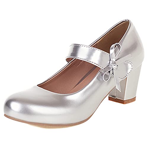 MJIASIAWA Damen Closed Toe Blockabsatz Bows Knöchelriemchen Mary Jane Pumps Hochzeit Glitzer Elegant Kleid Abend Prom Schuhe Silber Gr 40 EU/41 Asiatisch von MJIASIAWA
