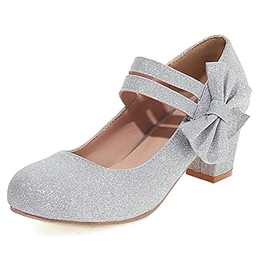 MJIASIAWA Damen Closed Toe Blockabsatz Bows Knöchelriemchen Mary Jane Pumps Hochzeit Glitzer Elegant Kleid Abend Prom Schuhe Silber Gr 40 EU/41 Asiatisch von MJIASIAWA