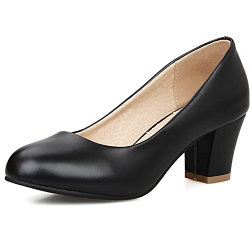 MJIASIAWA Damen Closed Toe Buro Kleid Formal Blockabsatz Ohne Verschluss Pumps Mode Mitte Absatz Business Arbeit Comfy Pumps Schwarz Gr 43 EU/45 Asiatisch von MJIASIAWA