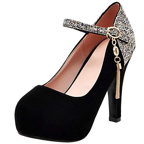 MJIASIAWA Damen Closed Toe Hochzeit Abend Kleid Stiletto Plateau Pumps Sequins Bride Höhe Ferse Schuhe Knöchelriemchen Schwarz Gr 39 EU/40 Asiatisch von MJIASIAWA