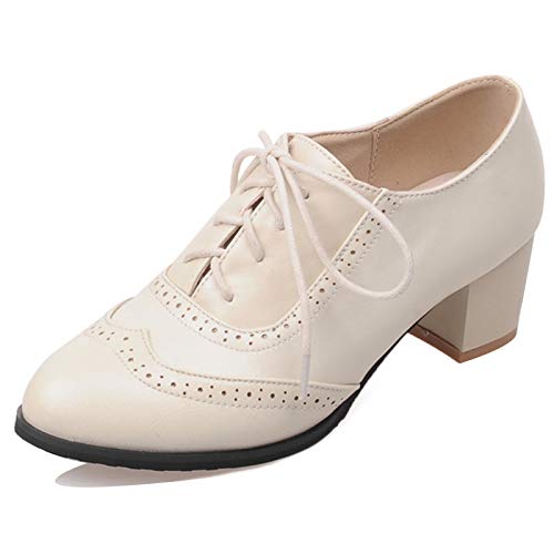 MJIASIAWA Damen Closed Toe Klassischer Buro Arbeit Blockabsatz Brogue Pumps Retro Cut Out Mitte Absatz Leisure Oxford Pumps Beige Gr 36 EU von MJIASIAWA