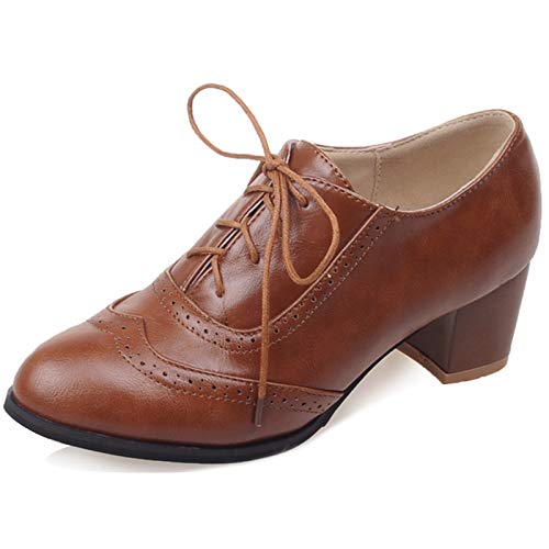 MJIASIAWA Damen Closed Toe Klassischer Buro Arbeit Blockabsatz Brogue Pumps Retro Cut Out Mitte Absatz Leisure Oxford Pumps Gelb Gr 37 EU/38 Asiatisch von MJIASIAWA