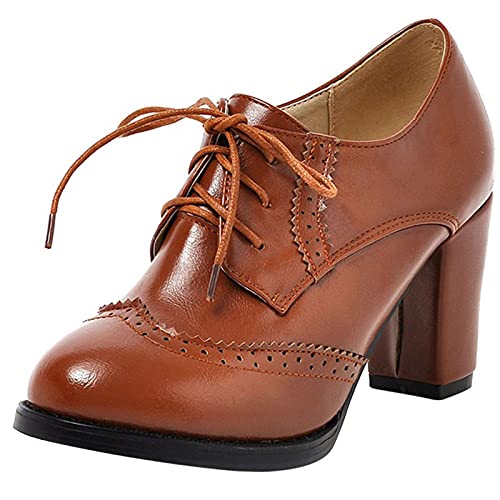 MJIASIAWA Damen Closed Toe Klassischer Schnüren Buro Leisure Blockabsatz Pumps Brogue Business Arbeit Retro Höhe Ferse Pumps Gelb Gr 39 EU/40 Asiatisch von MJIASIAWA