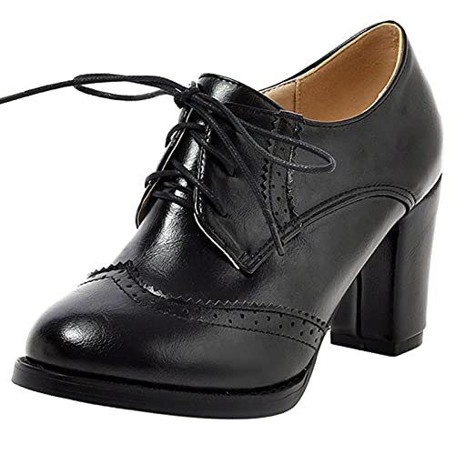 MJIASIAWA Damen Closed Toe Klassischer Schnüren Buro Leisure Blockabsatz Pumps Brogue Business Arbeit Retro Höhe Ferse Pumps Schwarz Gr 34 EU von MJIASIAWA