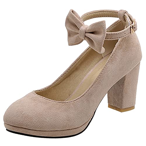 MJIASIAWA Damen Closed Toe Mary Jane Abend Party Blockabsatz Plateau Pumps Bows Hochzeit Höhe Ferse Bride Mode Schuhe Beige Gr 35 EU von MJIASIAWA