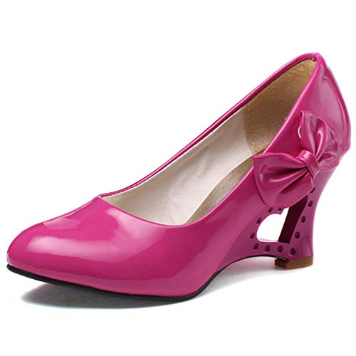 MJIASIAWA Damen Closed Toe Ohne Verschluss Bows Hochzeit Party Keilabsatz Pumps Klassischer Party Höhe Ferse Abend Pumps Kleid Rose-Rot Gr 40 EU/41 Asiatisch von MJIASIAWA