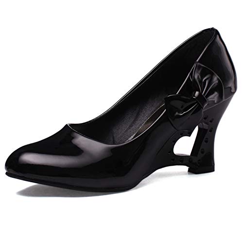 MJIASIAWA Damen Closed Toe Ohne Verschluss Bows Hochzeit Party Keilabsatz Pumps Klassischer Party Höhe Ferse Abend Pumps Kleid Schwarz Gr 40 EU/41 Asiatisch von MJIASIAWA