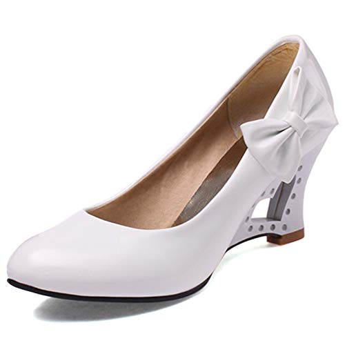 MJIASIAWA Damen Closed Toe Ohne Verschluss Bows Hochzeit Party Keilabsatz Pumps Klassischer Party Höhe Ferse Abend Pumps Kleid Weiß Gr 39 EU/40 Asiatisch von MJIASIAWA