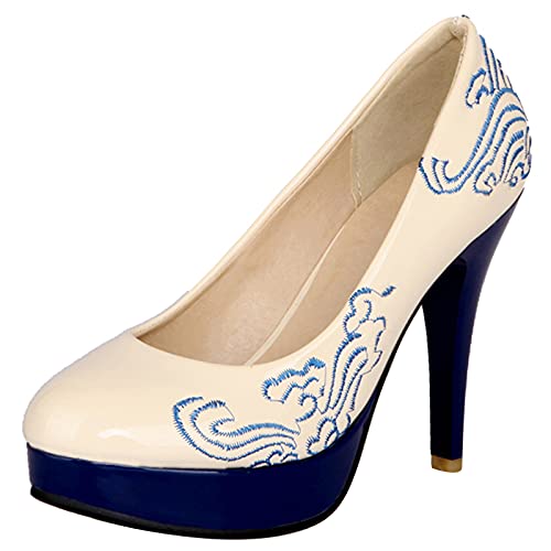 MJIASIAWA Damen Closed Toe Ohne Verschluss Klassischer Embroiderot Stiletto Pumps Abend Höhe Ferse Kleid Plateau Schuhe Beige Gr 39 EU/40 Asiatisch von MJIASIAWA