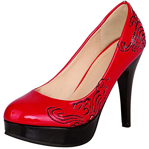 MJIASIAWA Damen Closed Toe Ohne Verschluss Klassischer Embroiderot Stiletto Pumps Abend Höhe Ferse Kleid Plateau Schuhe Rot Gr 48 EU/50 Asiatisch von MJIASIAWA