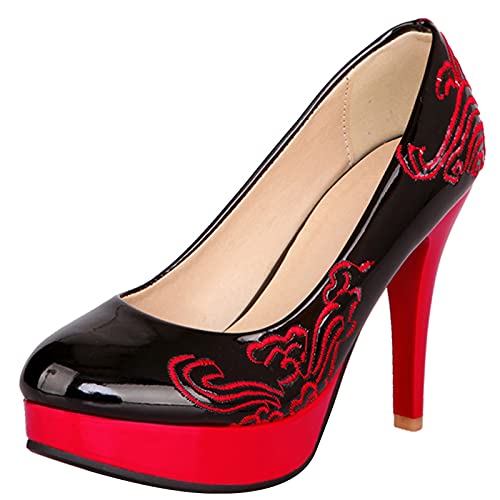 MJIASIAWA Damen Closed Toe Ohne Verschluss Klassischer Embroiderot Stiletto Pumps Abend Höhe Ferse Kleid Plateau Schuhe Schwarz Gr 44 EU/46 Asiatisch von MJIASIAWA