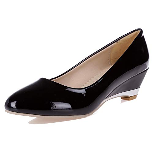 MJIASIAWA Damen Closed Toe Ohne Verschluss Mode Lack Keilabsatz Mitte Absatz Pumps Bride Hochzeit Comfy Kleid Mode Pumps Party Schwarz Gr 31 EU von MJIASIAWA