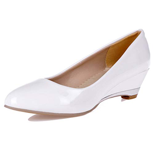 MJIASIAWA Damen Closed Toe Ohne Verschluss Mode Lack Keilabsatz Mitte Absatz Pumps Bride Hochzeit Comfy Kleid Mode Pumps Party Weiß Gr 43 EU/45 Asiatisch von MJIASIAWA