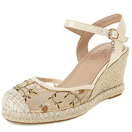MJIASIAWA Damen Closed Toe Sequins Mode Knöchelriemchen Keilabsatz Espadrilles Sandalen Hochzeit Höhe Ferse Plateau Schuhe Sommer Beige Gr 35 EU von MJIASIAWA