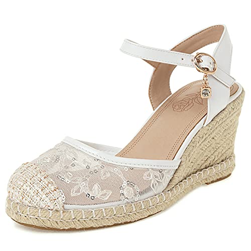 MJIASIAWA Damen Closed Toe Sequins Mode Knöchelriemchen Keilabsatz Espadrilles Sandalen Hochzeit Höhe Ferse Plateau Schuhe Sommer Weiß Gr 34 EU von MJIASIAWA