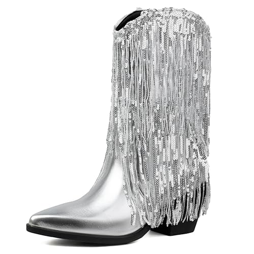 MJIASIAWA Damen Dancing Pointed Toe Halbschaft Pailletten Franse Westernstiefel Elegant Ohne Verschluss Mode Blockabsatz Cowboy Stiefeletten Schwarz Gr 39 EU/40 Asiatisch von MJIASIAWA