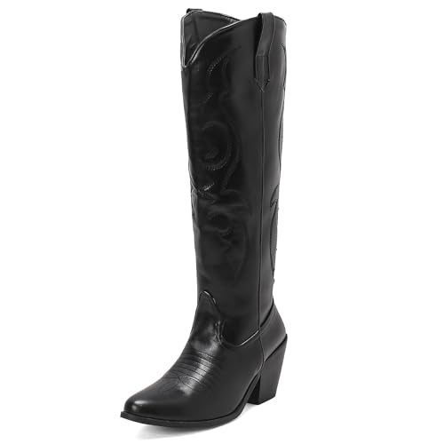 MJIASIAWA Damen Draußen Western Knee Klassischer Embroiderot Boots Pointed Toe Winter Warm Blockabsatz Leisure Cowboy Weit Calf Stiefeletten Schwarz Gr 45 EU/47 Asiatisch von MJIASIAWA