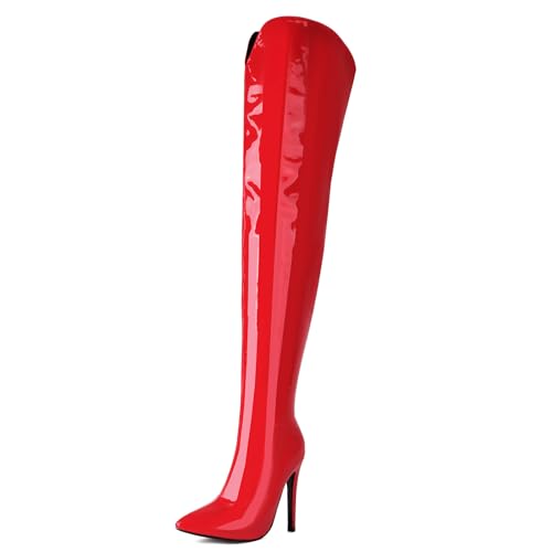 MJIASIAWA Damen Elegant Lack Overknees Boots Stiletto Party Pole Prom Pointed Toe Mode Thigh Overknees Stiefel Kleid Rot Gr 46 EU/48 Asiatisch von MJIASIAWA