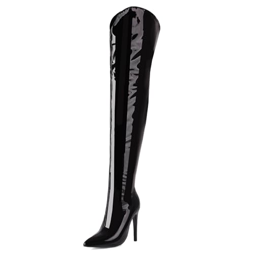 MJIASIAWA Damen Elegant Lack Overknees Boots Stiletto Party Pole Prom Pointed Toe Mode Thigh Overknees Stiefel Kleid Schwarz-Lack Gr 43 EU/45 Asiatisch von MJIASIAWA