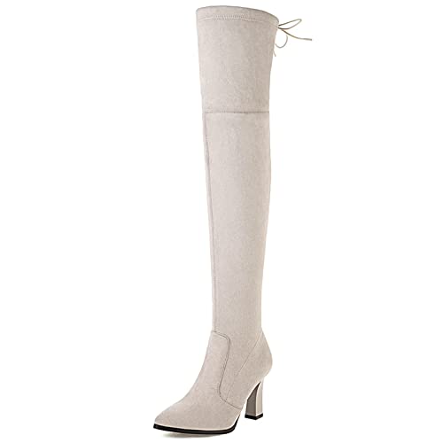 MJIASIAWA Damen Elegant Ohne Verschluss Stretch Overknees Boots Blockabsatz Soft Wildleder Höhe Ferse Winter Hochzeit Warm Kleid Boots Beige Gr 41 EU/43 Asiatisch von MJIASIAWA