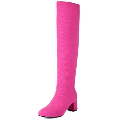 MJIASIAWA Damen Elegant Overknees Strickented Stretch Stiefel Ohne Verschluss Winter Mode Square Toe Blockabsatz Party Lang Booty Rose-Rot Gr 41 EU/43 Asiatisch von MJIASIAWA