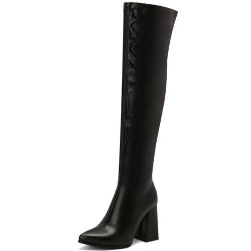 MJIASIAWA Damen Elegant Pointed Toe Overknees Blockabsatz Lang Boots Winter Chunky Equestrian Arbeit Mode Thigh Booty Schwarz Gr 47 EU/49 Asiatisch von MJIASIAWA