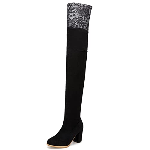 MJIASIAWA Damen Elegant Thigh Kleid Boots Reißverschluss Hohen Blockabsatz Winter Overknees Abend Mode Stretch Stiefelspitze-Schwarz Gr 44 EU/46 Asiatisch von MJIASIAWA