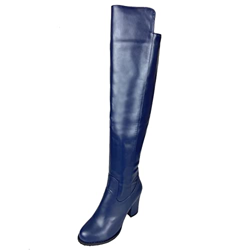 MJIASIAWA Damen Fell Lined Klassischer Overknees Reitstiefel Blockabsatz Runde Zehen Mode Winter Kleid Warm Overknees Stiefel Blau Gr 39 EU/40 Asiatisch von MJIASIAWA