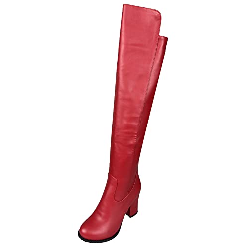 MJIASIAWA Damen Fell Lined Klassischer Overknees Reitstiefel Blockabsatz Runde Zehen Mode Winter Kleid Warm Overknees Stiefel Rot Gr 43 EU/45 Asiatisch von MJIASIAWA