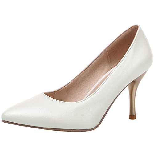 MJIASIAWA Damen Formal Kleid Pointed Toe Stiletto Pumps Hochzeit Ohne Verschluss Mode Höhe Ferse Party Schuhe Weiß Gr 39 EU/40 Asiatisch von MJIASIAWA