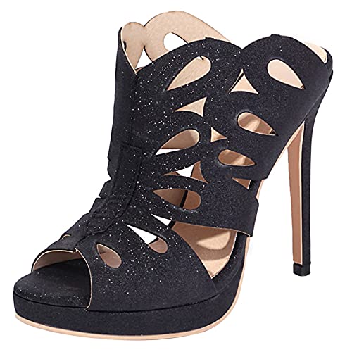 MJIASIAWA Damen Glitzer Stiletto Pantoletten Elegant Sandalen Prom Peep Toe Pantoffeln Sommer Party Höhe Ferse Plateau Pantoffeln Schwarz Gr 41 EU/43 Asiatisch von MJIASIAWA