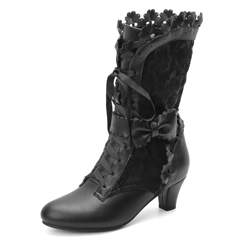 MJIASIAWA Damen Halbschaft Lovely Lolita Schnüren Kitten Heel Stiefel Bogen Runde Zehen Komfort Prom Winter Warm Stiefeletten Schwarz/Rl Gr 40.5 EU/42 Asiatisch von MJIASIAWA