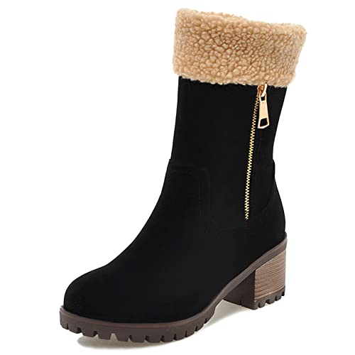MJIASIAWA Damen Halbschaft Warm Draußen Ohne Verschluss Shearling Schneestiefel Chunky Plateau Runde Zehen Fell Lined Winter Stiefeletten Schwarz Gr 35 Eu von MJIASIAWA