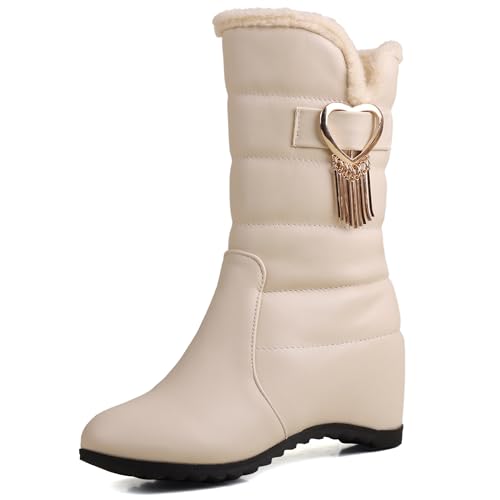MJIASIAWA Damen Halbschaft Warm Keilabsatz Schneestiefel Runde Zehen Winter Pelzgefüttert Draußen Ohne Verschluss Bogen Stiefeletten Mädchen Beige Gr 34 EU von MJIASIAWA