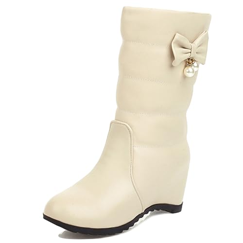 MJIASIAWA Damen Halbschaft Warm Keilabsatz Schneestiefel Runde Zehen Winter Pelzgefüttert Draußen Ohne Verschluss Bogen Stiefeletten Mädchen Beige Gr 41 EU/43 Asiatisch von MJIASIAWA