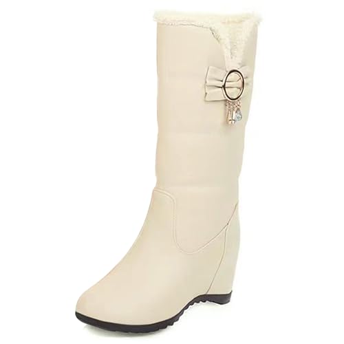 MJIASIAWA Damen Halbschaft Warm Keilabsatz Schneestiefel Runde Zehen Winter Pelzgefüttert Draußen Ohne Verschluss Bogen Stiefeletten Mädchen Beige Gr 41 EU/43 Asiatisch von MJIASIAWA