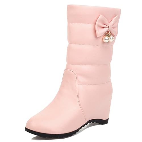 MJIASIAWA Damen Halbschaft Warm Keilabsatz Schneestiefel Runde Zehen Winter Pelzgefüttert Draußen Ohne Verschluss Bogen Stiefeletten Mädchen Pink Gr 36.5 EU/37 Asiatisch von MJIASIAWA