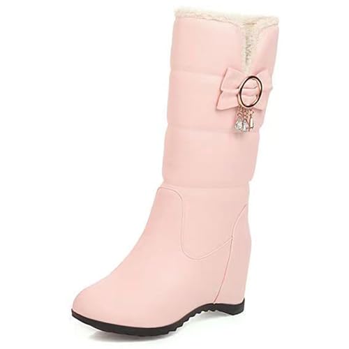 MJIASIAWA Damen Halbschaft Warm Keilabsatz Schneestiefel Runde Zehen Winter Pelzgefüttert Draußen Ohne Verschluss Bogen Stiefeletten Mädchen Pink Gr 38 EU/39 Asiatisch von MJIASIAWA