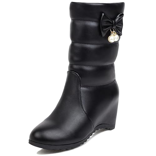 MJIASIAWA Damen Halbschaft Warm Keilabsatz Schneestiefel Runde Zehen Winter Pelzgefüttert Draußen Ohne Verschluss Bogen Stiefeletten Mädchen Schwarz Gr 40.5 EU/42 Asiatisch von MJIASIAWA