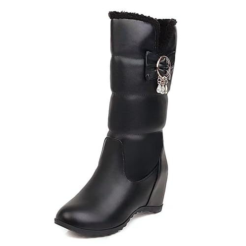 MJIASIAWA Damen Halbschaft Warm Keilabsatz Schneestiefel Runde Zehen Winter Pelzgefüttert Draußen Ohne Verschluss Bogen Stiefeletten Mädchen Schwarz Gr 40.5 EU/42 Asiatisch von MJIASIAWA